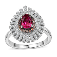 Premium Lab Created Bixbite, Brown and White Zircon 1.30 ctw Sunrays Ring in Rhodium Over Sterling Silver