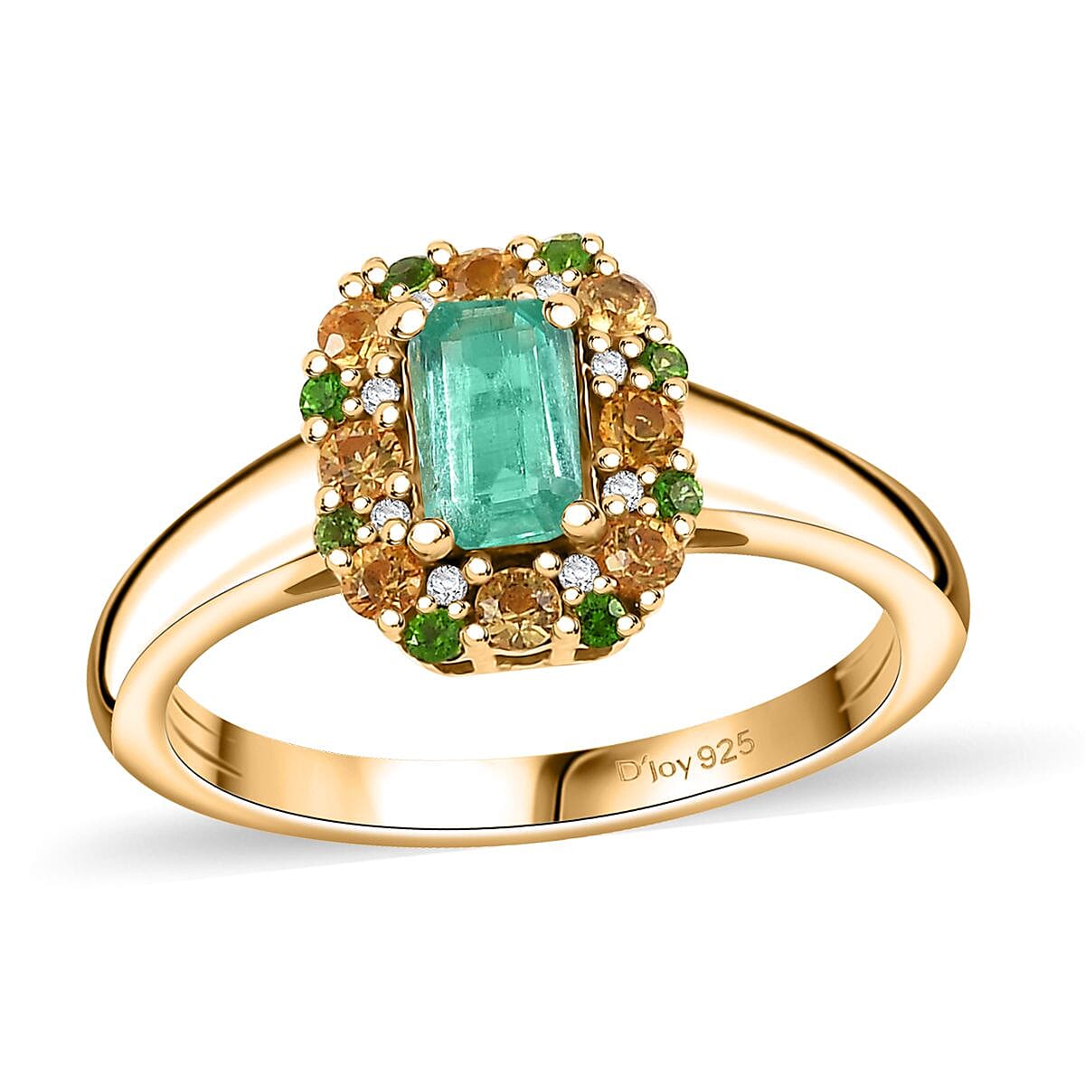 AAA Boyaca Colombian Emerald, Multi Gemstone Halo Ring in 18K Vermeil YG Over Sterling Silver (Size 6.0) 0.90 ctw