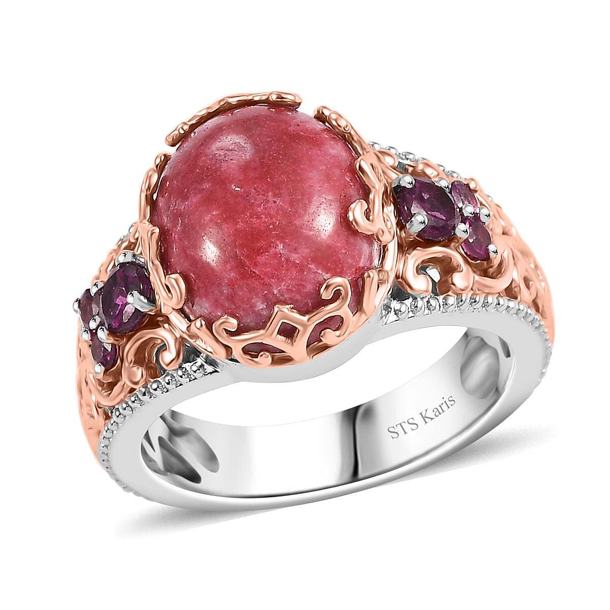 Karis Norwegian Thulite and Orissa Rhodolite Garnet 6.65 ctw Victorian Blossom Ring 18K RG Plated and Platinum Bond