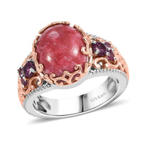 Karis Norwegian Thulite and Orissa Rhodolite Garnet 6.65 ctw Victorian Blossom Ring 18K RG Plated and Platinum Bond