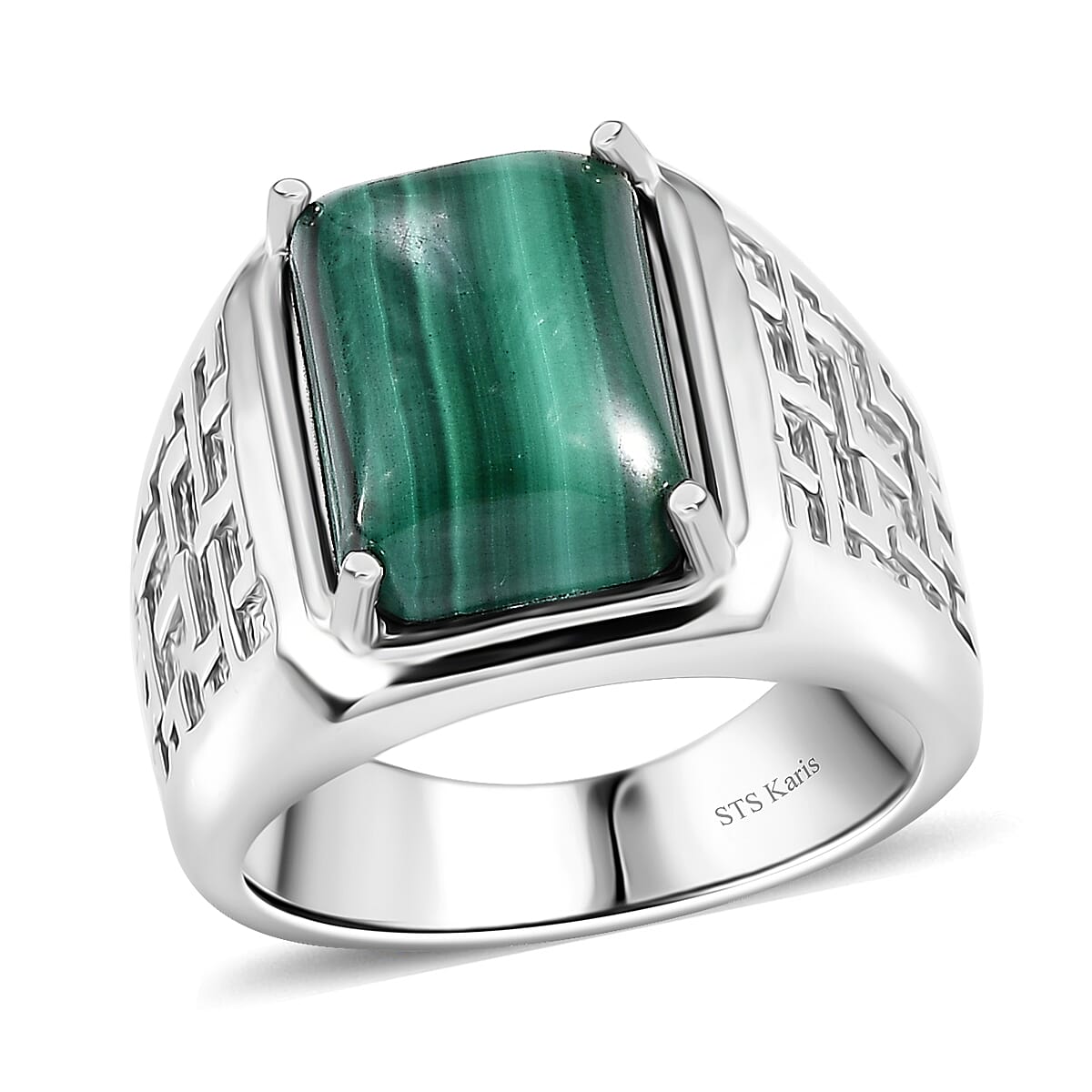 Karis African Malachite Men's Ring in Platinum Bond (Size 10.0) 9.15 ctw