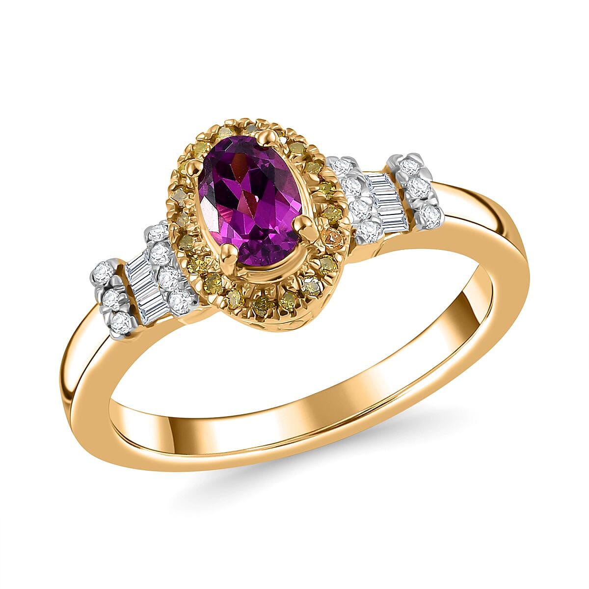 AAA Radiant Ember Garnet, Yellow and White Diamond 0.75 ctw Ring in 18K Vermeil Yellow Gold Over Sterling Silver