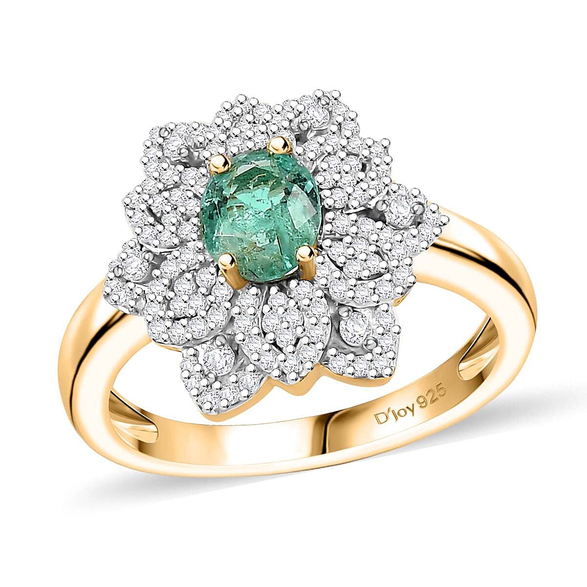 Boyaca Colombian Emerald, Moissanite Bloom Ring in 18K Vermeil YG Over Sterling Silver (Size 6.0) 1.10 ctw