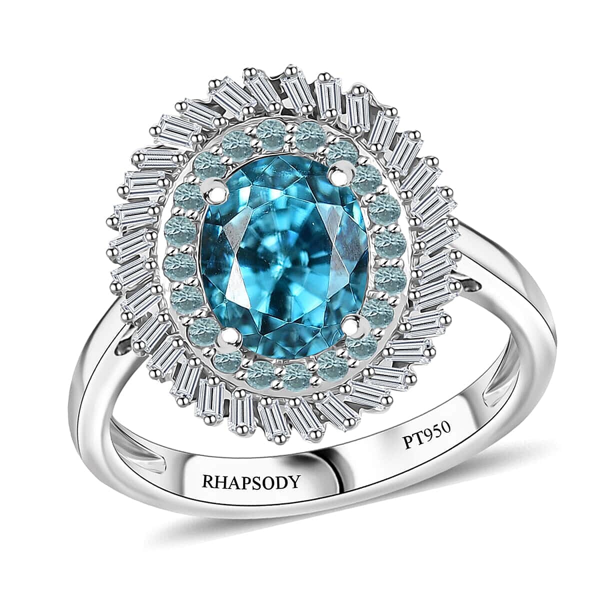 Rhapsody AAAA Cambodian Blue Zircon, Paraiba Tourmaline and E-F VS Diamond 4.36 ctw Double Halo Ring in 950 Platinum (Size 10.0)
