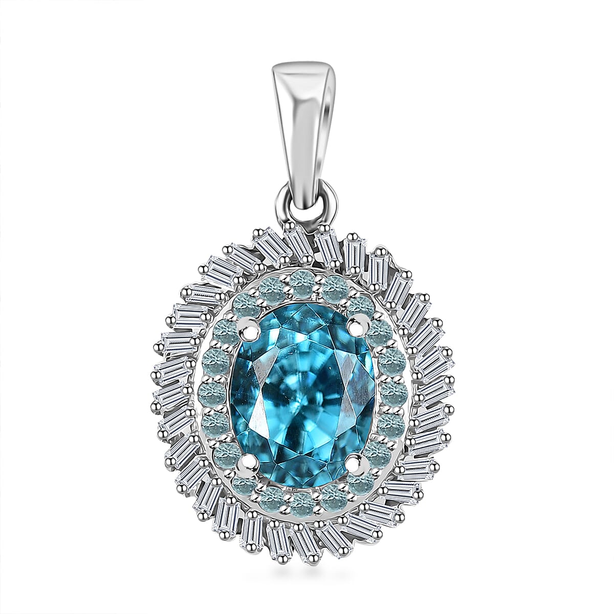 Rhapsody AAAA Cambodian Blue Zircon, Paraiba Tourmaline and E-F VS Diamond 4.36 ctw Double Halo Pendant without Chain in 950 Platinum