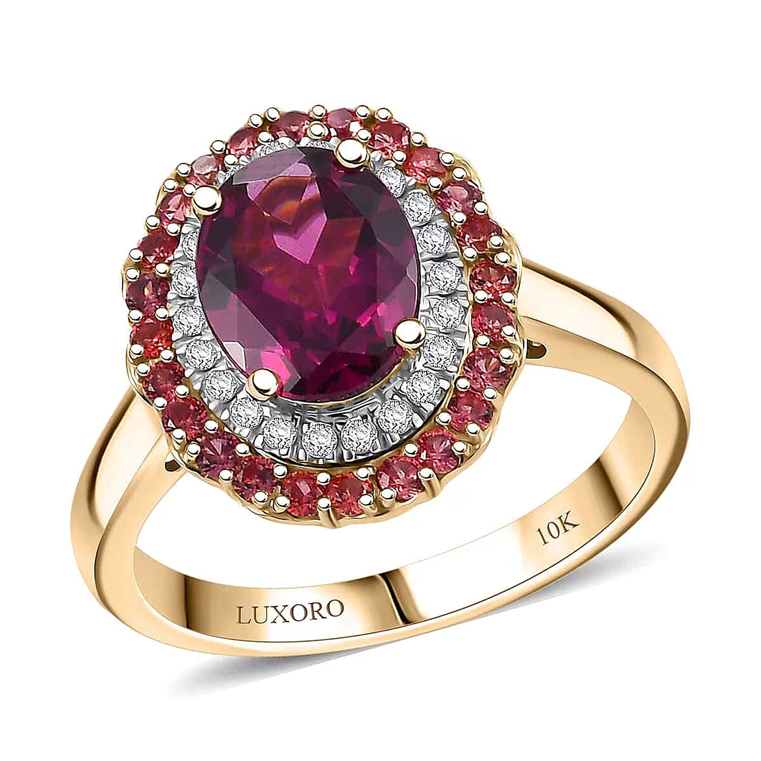 Doorbuster Luxoro 10K Yellow Gold AAA Radiant Ember Garnet, Padparadscha Sapphire, Diamond (I2) Ring (Size 10.0) 2.72 ctw