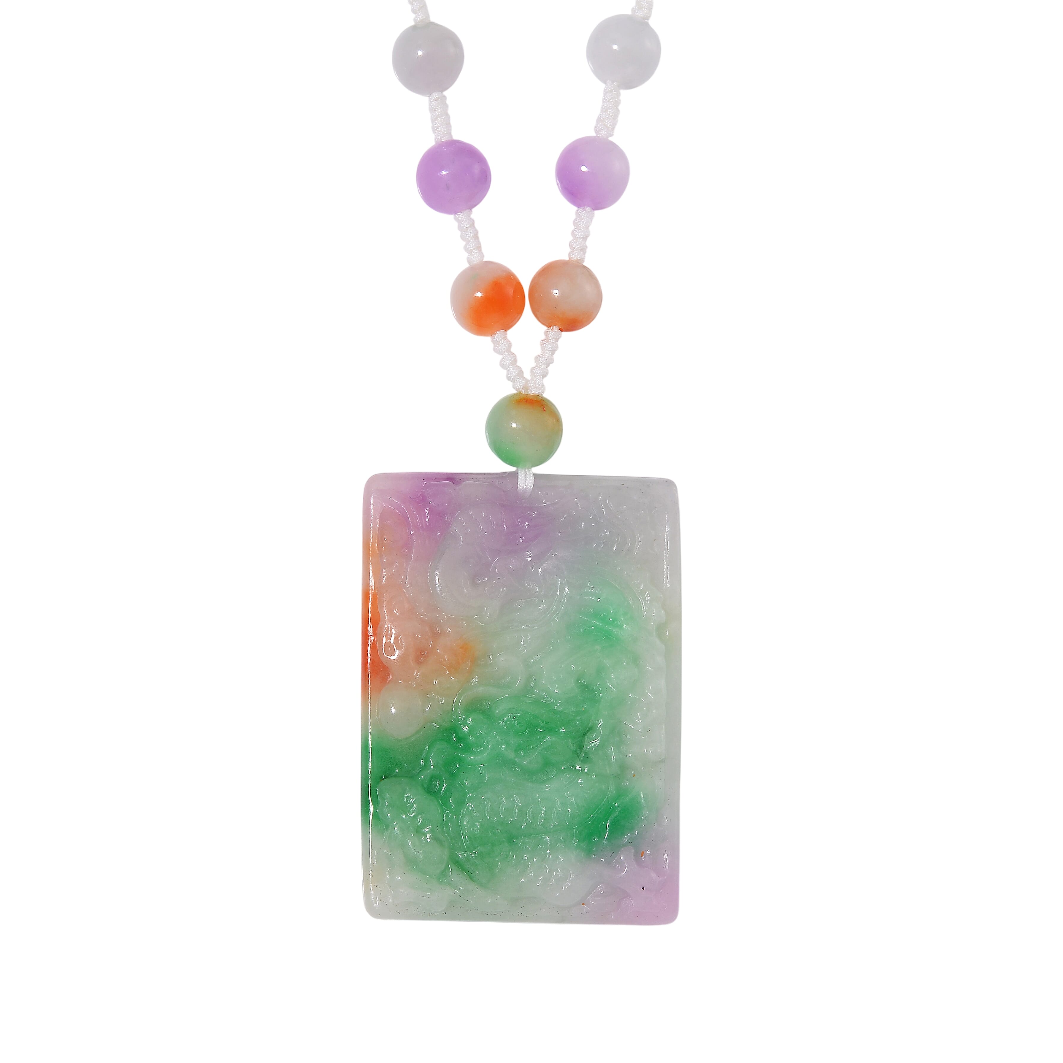 Multi Color Jade Carved Dragon with Beaded Necklace (20 Inches) in Rhodium Over Sterling Silver 300.00 ctw