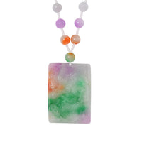Multi Color Jade Carved Dragon with Beaded Necklace (20 Inches) in Rhodium Over Sterling Silver 300.00 ctw