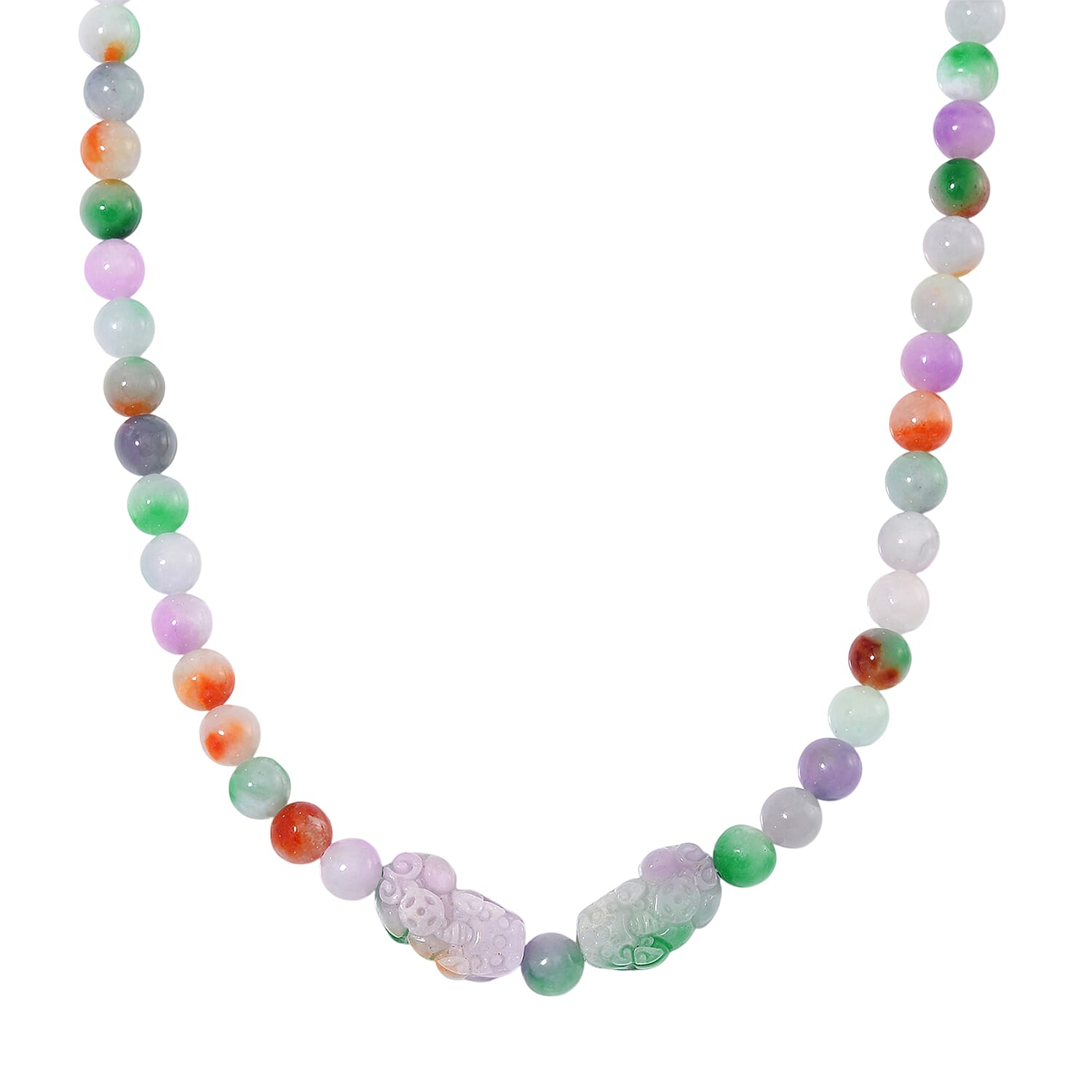 Multi Jade (D) 490.00 ctw Carved Pixiu with Beaded Necklace in Rhodium Over Sterling Silver 20 Inches