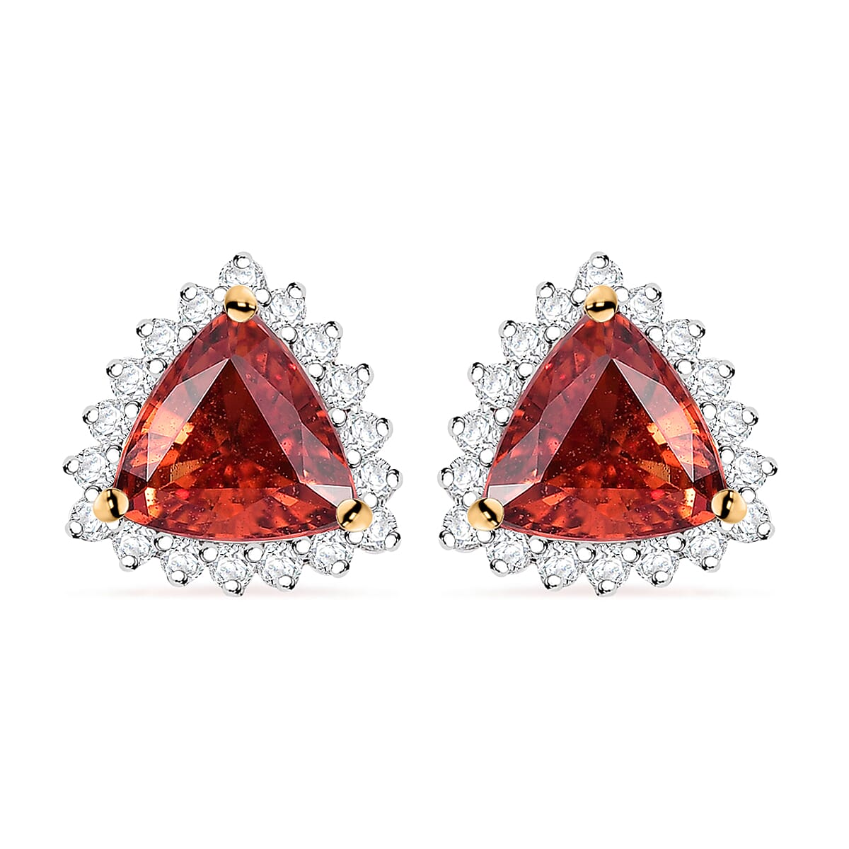 Luxoro AAA Padparadscha Sapphire (BT) and G-H I2 Diamond 2.25 ctw Trillion Halo Earrings in 14K Yellow Gold