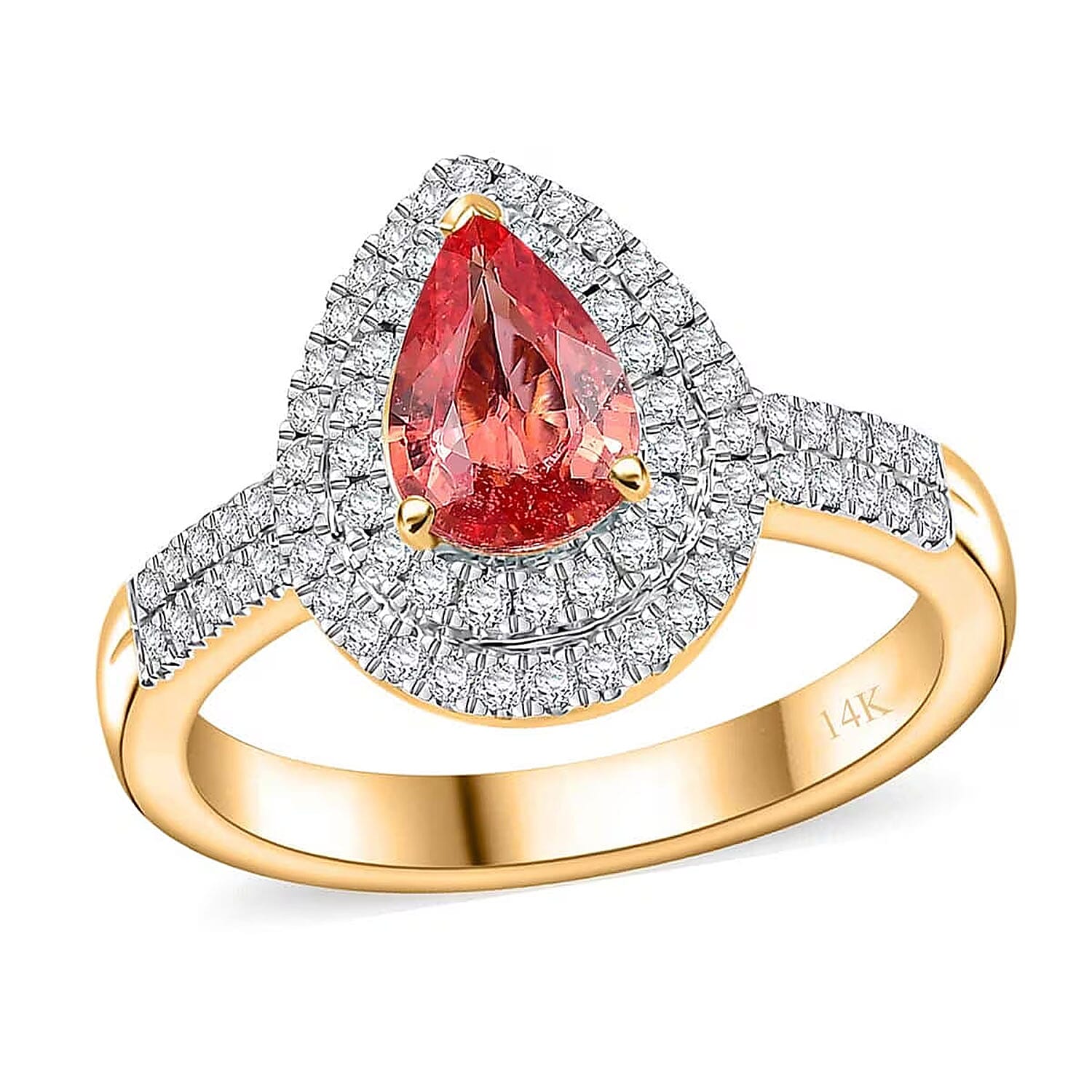 Epic Deal Luxoro 14K Yellow Gold AAA Padparadscha Sapphire (BT), Diamond (G-H, I2) (0.40 cts) Double Halo Ring (Size 10.0) 1.50 ctw