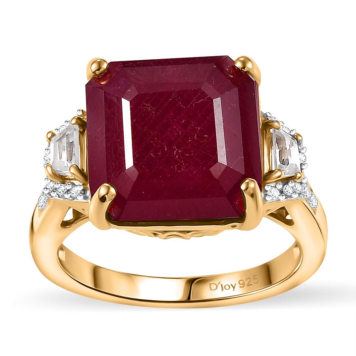 Premium Niassa Ruby (FF), White Zircon Ring in 18K Vermeil YG Over Sterling Silver (Size 10.0) 14.30 ctw