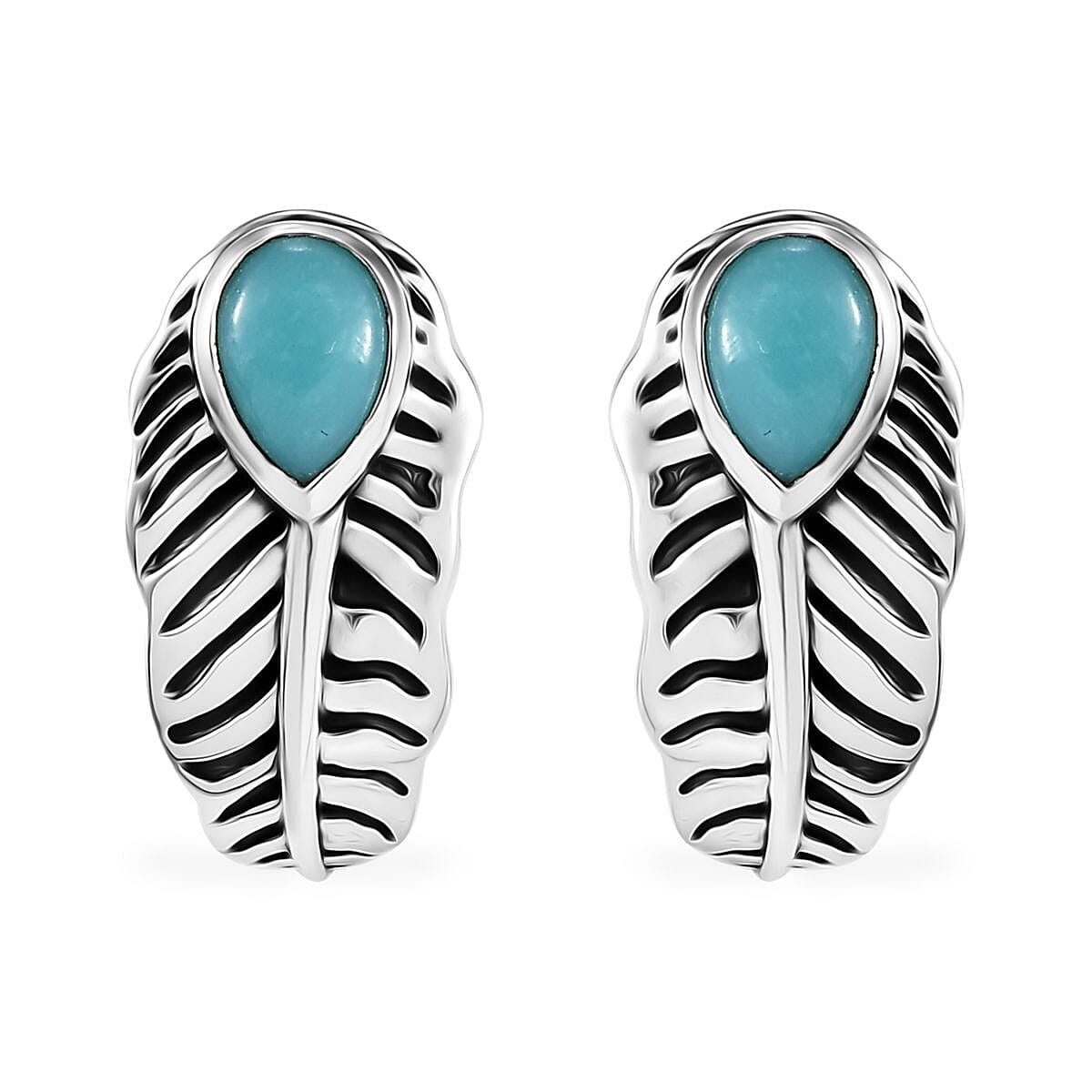 D'Joy Indian Artisan Crafted Sleeping Beauty Turquoise 1.10 ctw Feather Earrings in Black Oxidized Sterling Silver
