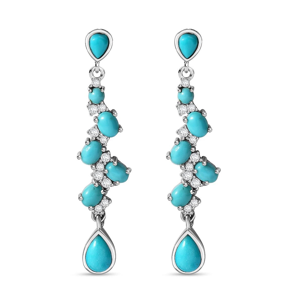 D'Joy Sleeping Beauty Turquoise and Moissanite 3.40 ctw Drop Earrings in Rhodium Over Sterling Silver