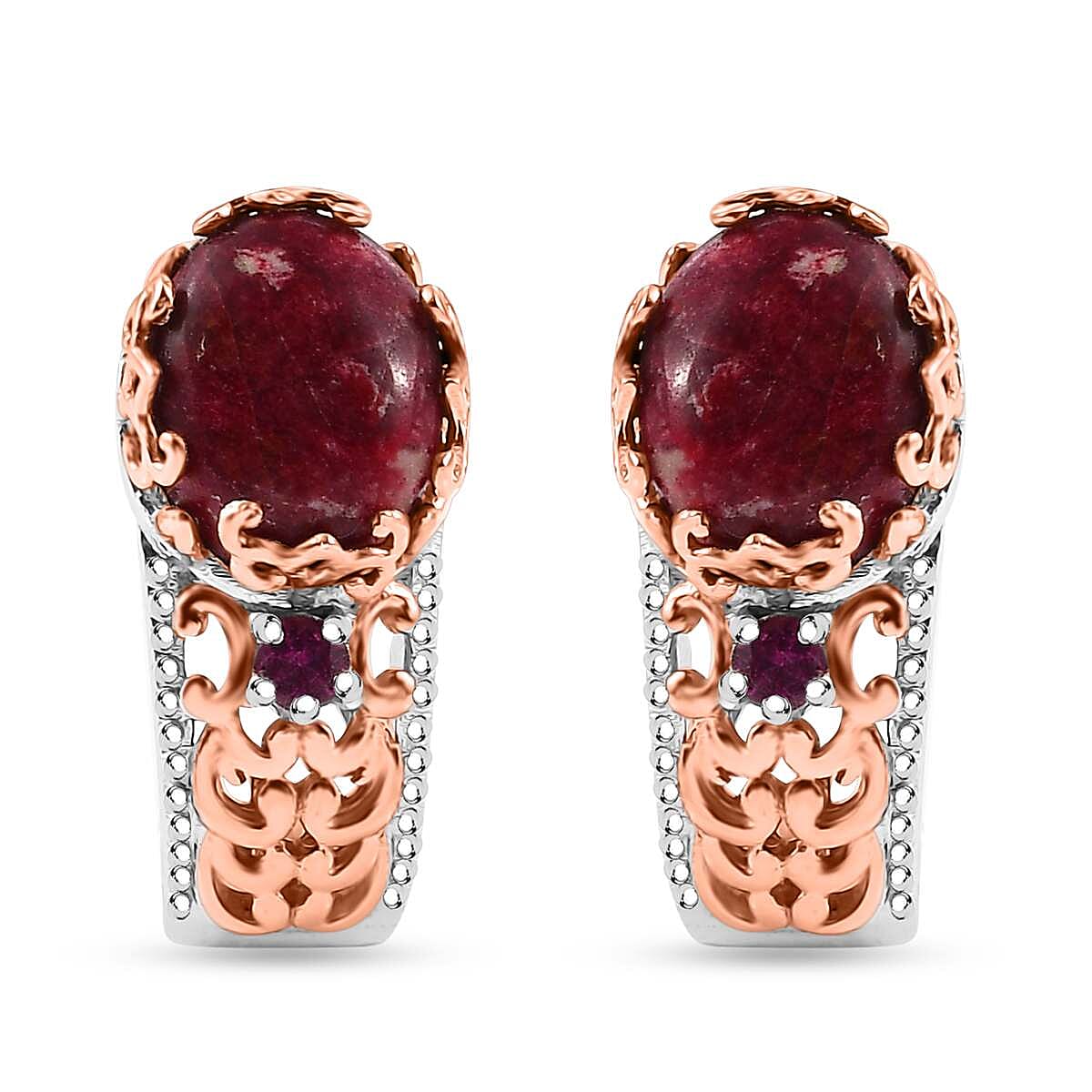 Karis Norwegian Thulite and Orissa Rhodolite Garnet 6.25 ctw J-Hoop Earrings in 18K RG Plated and Platinum Bond