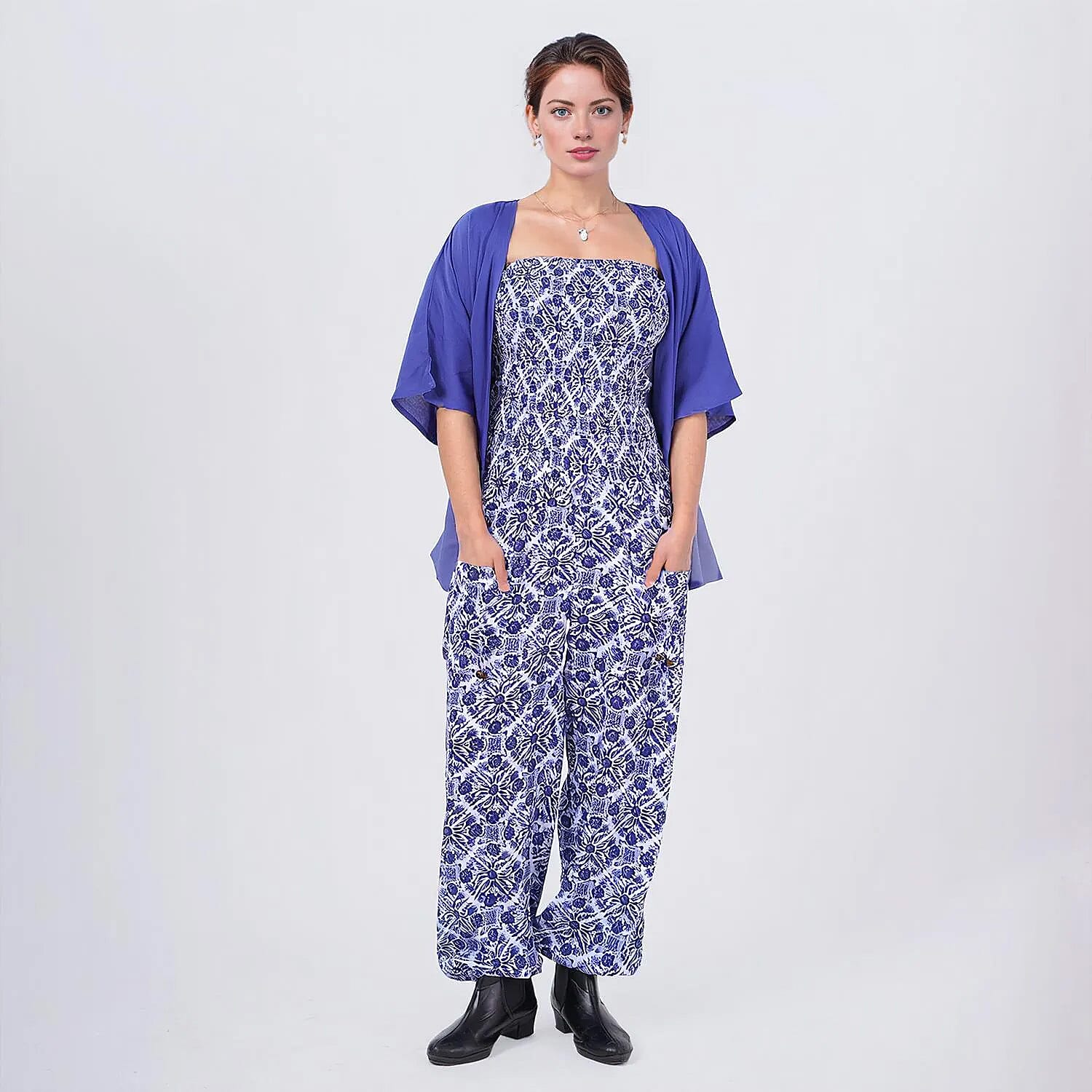 TAMSY Blue Tile Smocked Jumpsuit with Blue Kimono Set - One Size Fits Most