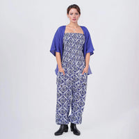 TAMSY Blue Tile Smocked Jumpsuit with Blue Kimono Set - One Size Fits Most