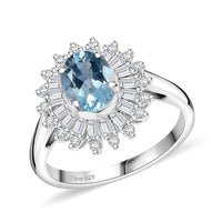 Santa Maria Aquamarine, Moissanite Floral Ring in Rhodium Over Sterling Silver (Size 7.0) 1.75 Carat Total Weight
