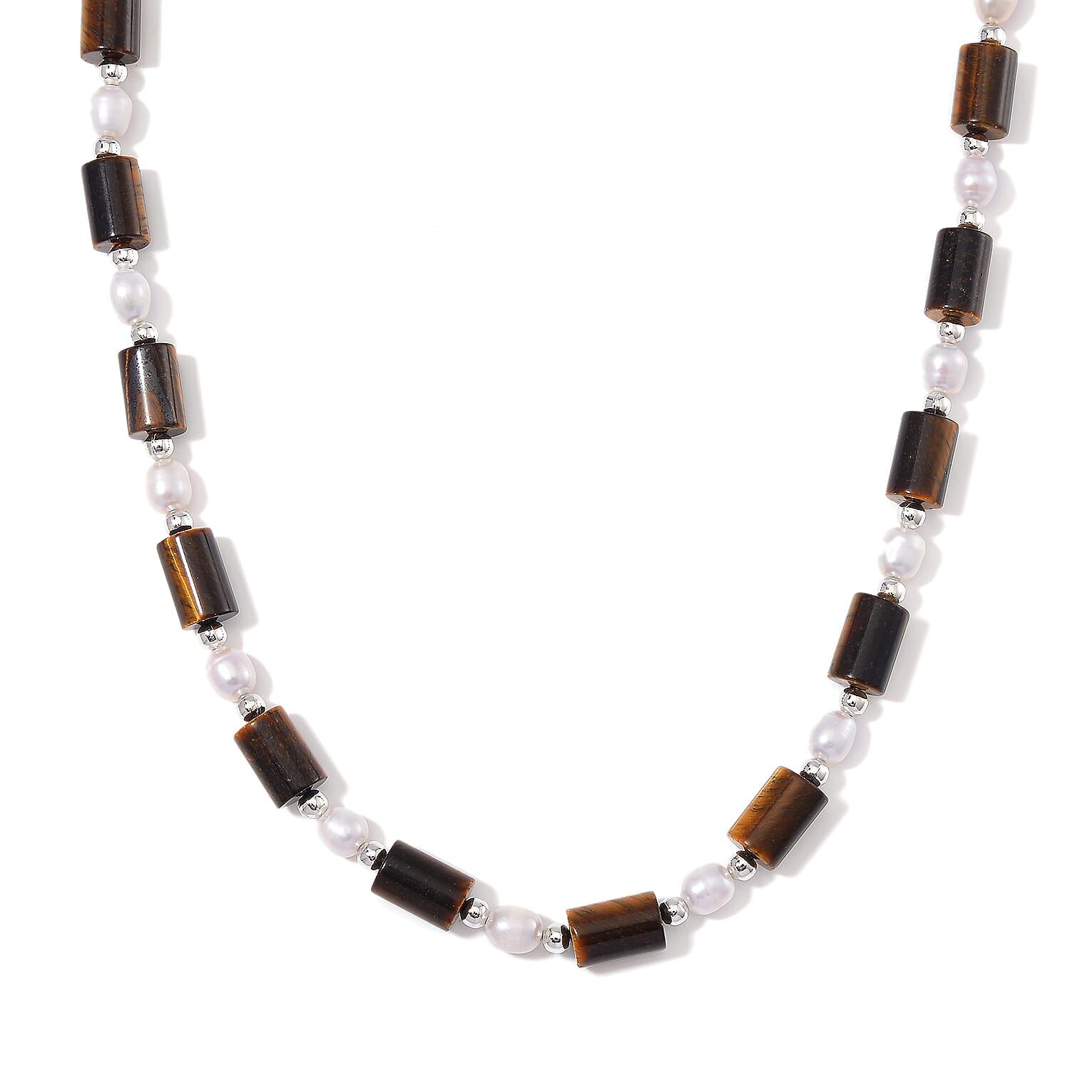 Doorbuster Yellow Tigers Eye, White Freshwater Pearl Beaded Necklace (18-20 Inches) in Silvertone 100.00 ctw