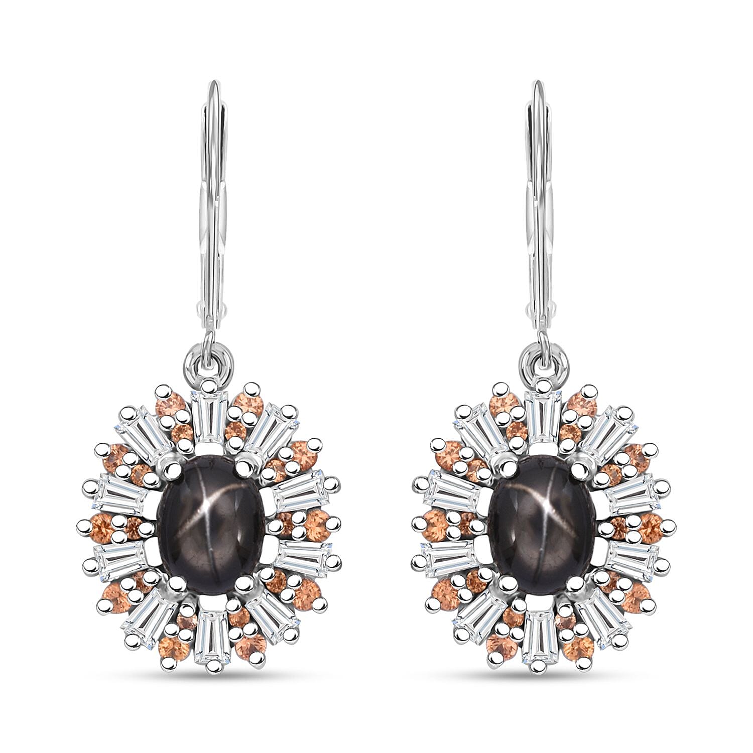 Bankacha Natural Black Star Sapphire and Multi Gemstone 7.25 ctw Star Ray Earrings in Rhodium Over Sterling Silver