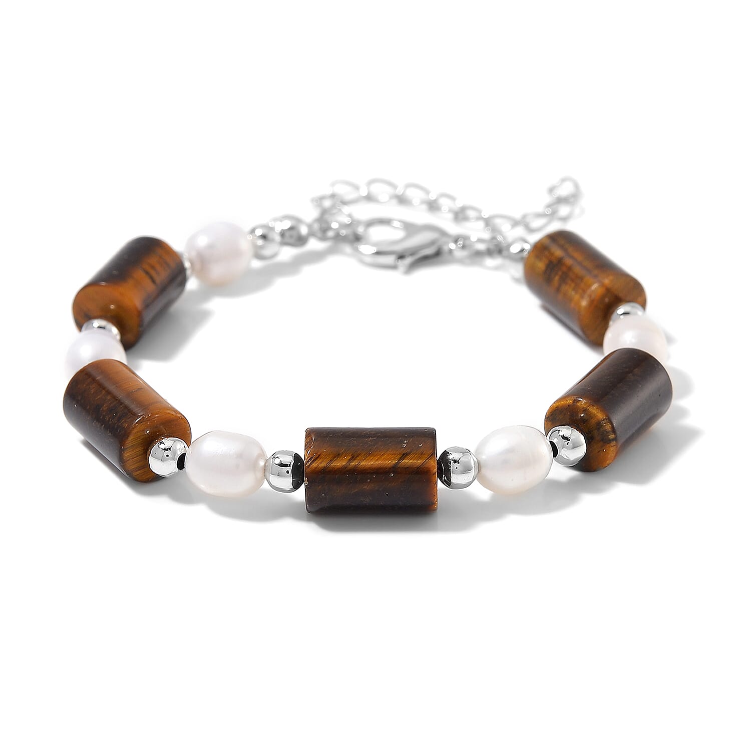 Doorbuster Yellow Tigers Eye, White Freshwater Pearl Beaded Stretch Bracelet in Silvertone (6.50-8.50In) 30.00 ctw