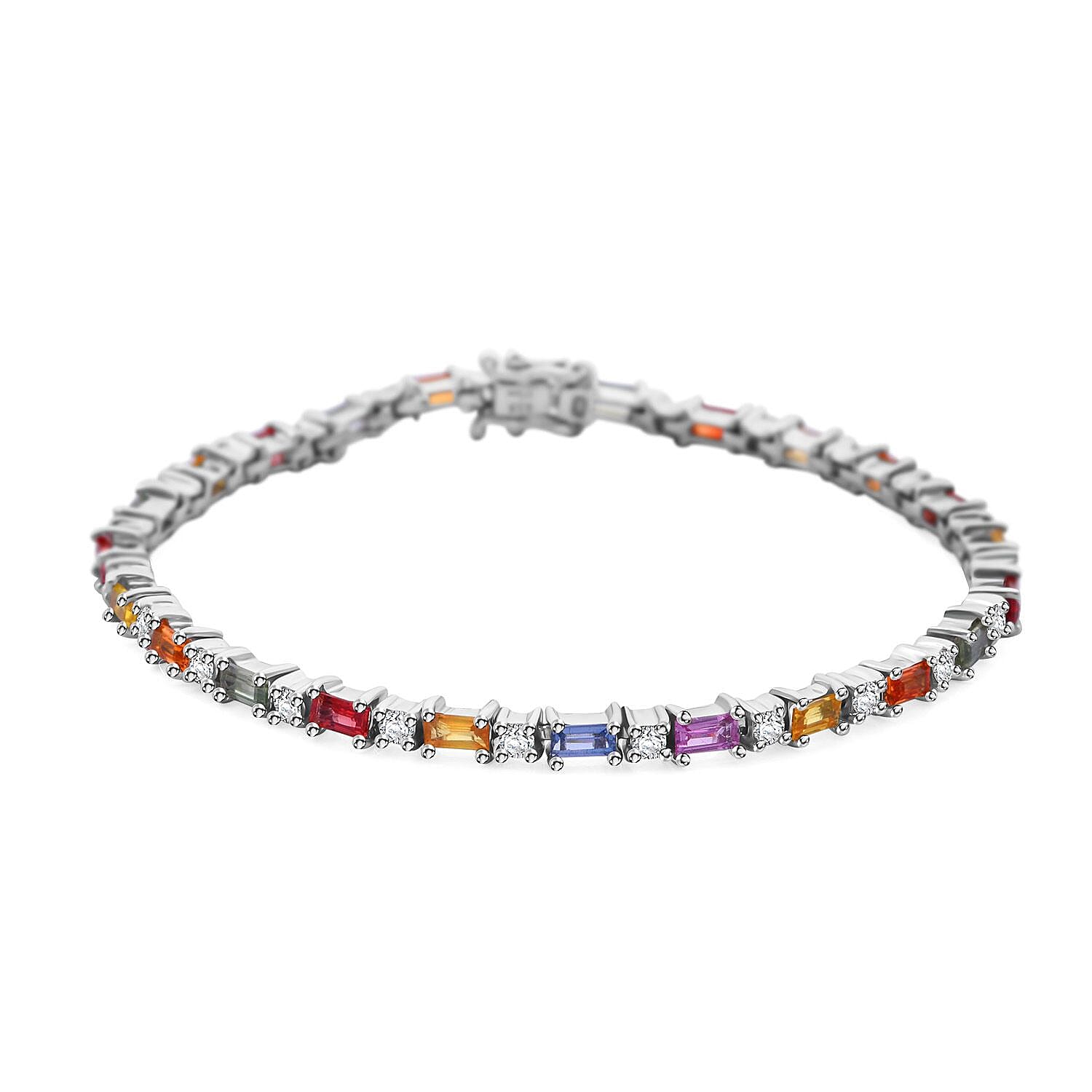 Doorbuster Multi Sapphire and Moissanite Bracelet in Rhodium Over Sterling Silver (6.50 In) 4.10 ctw