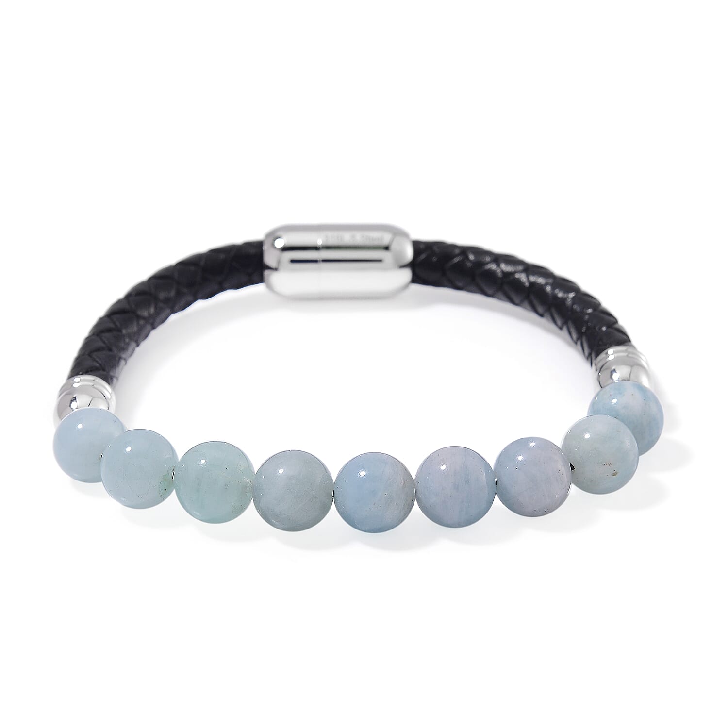 Mangoro Aquamarine 50.00 ctw Leather Cord Bracelet in Stainless Steel (7.25 In)