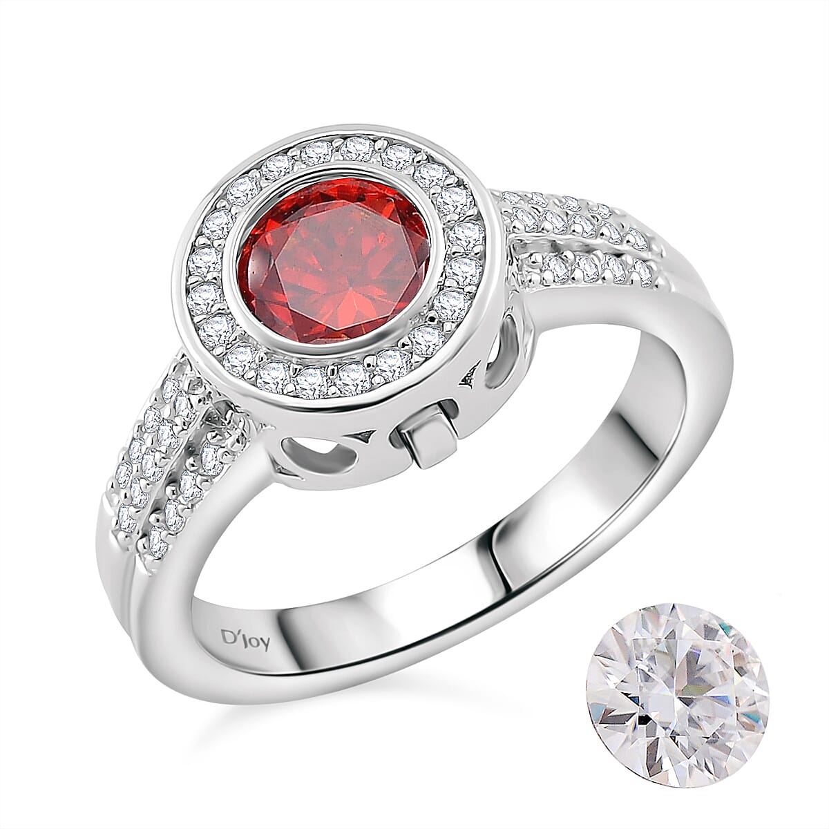 Red and White Moissanite (Rnd 7mm) Halo Ring in Rhodium Over Sterling Silver (Size 10.0) 2.75 ctw