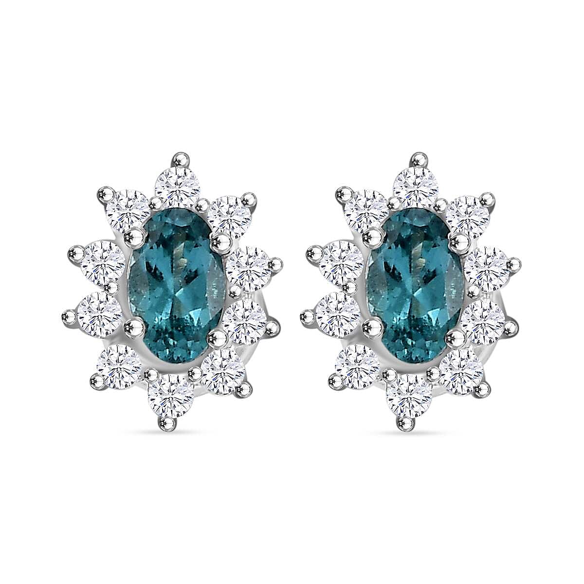 Premium Pirineu Lagoon Tourmaline and Moissanite 0.85 ctw Sunburst Earrings in Rhodium Over Sterling Silver