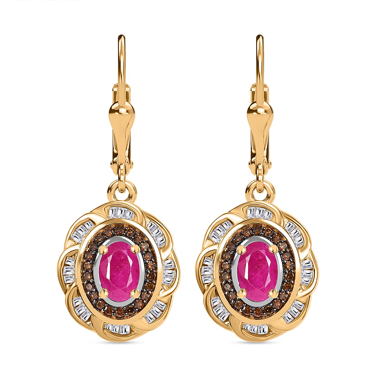 TLV AAA Royal Ruby, Red Diamond (IR) and Diamond (0.50 cts) Lever Back Earrings in 18K Vermeil YG Over Sterling Silver 1.85 ctw