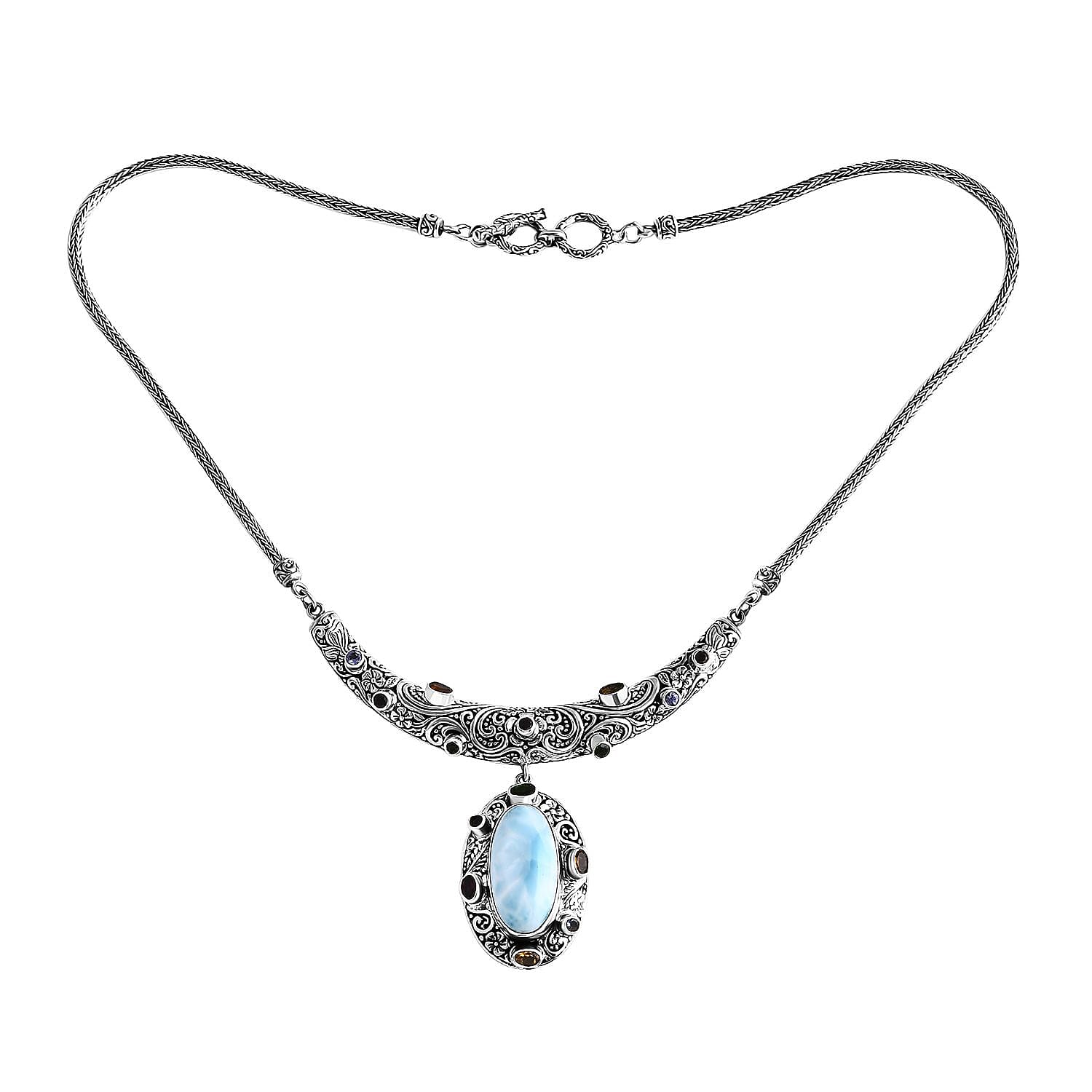TLV Bali Legacy Larimar, Multi Gemstone Tulang Naga Necklace (20 Inches) Sterling Silver 14.25 ctw
