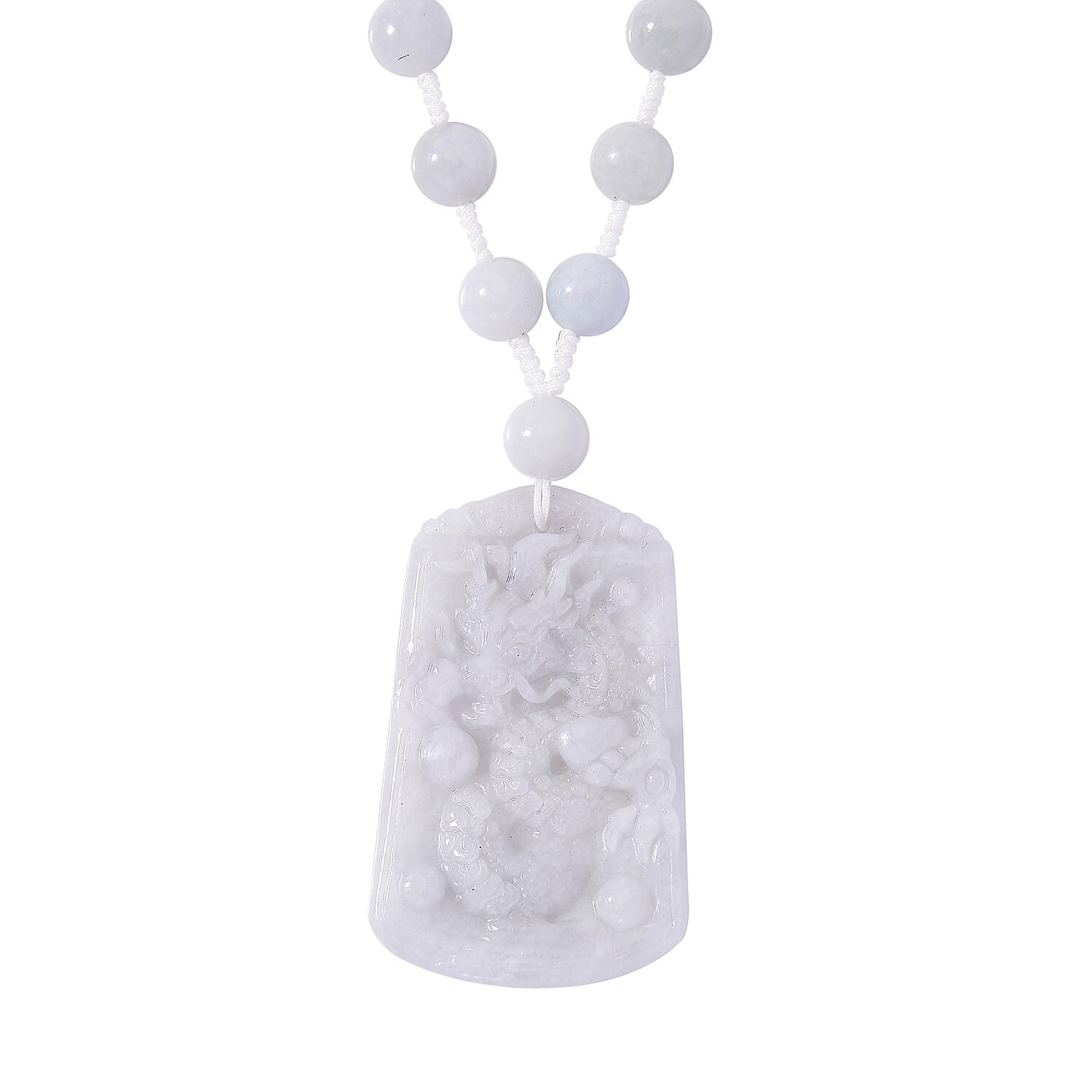 White Jade Carved Dragon Knnoted Necklace (20 Inches) in Rhodium Over Sterling Silver 290.00 ctw