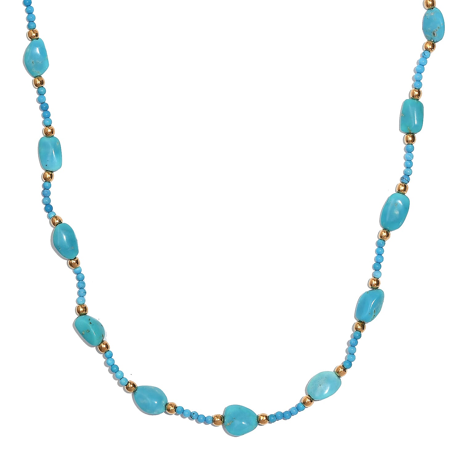 Sleeping Beauty Turquoise 33 ctw Tumble and Beaded Necklace in 14K Yellow Gold Over Sterling Silver 18 Inches