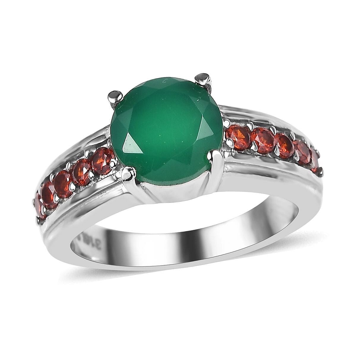 Green Onyx and Simulated Garnet 2.35 ctw Ring in Stainless Steel