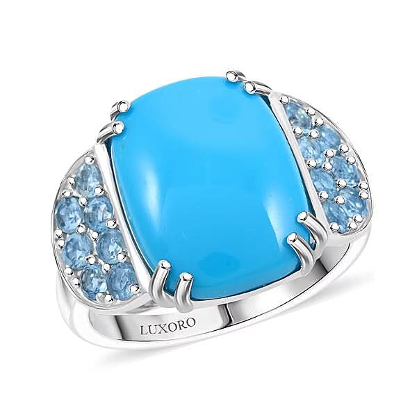 Doorbuster Certified & Appraised Luxoro 10K White Gold AAA Sleeping Beauty Turquoise, Santa Maria Aquamarine Ring (Size 10.0) (5.30 g) 8.50 ctw