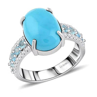 Doorbuster Certified & Appraised Luxoro 10K White Gold AAA Sleeping Beauty Turquoise, Santa Maria Aquamarine, Diamond (G-H, I2) (0.24 cts) Ring (Size 10.0) (5.05 g) 5.35 ctw