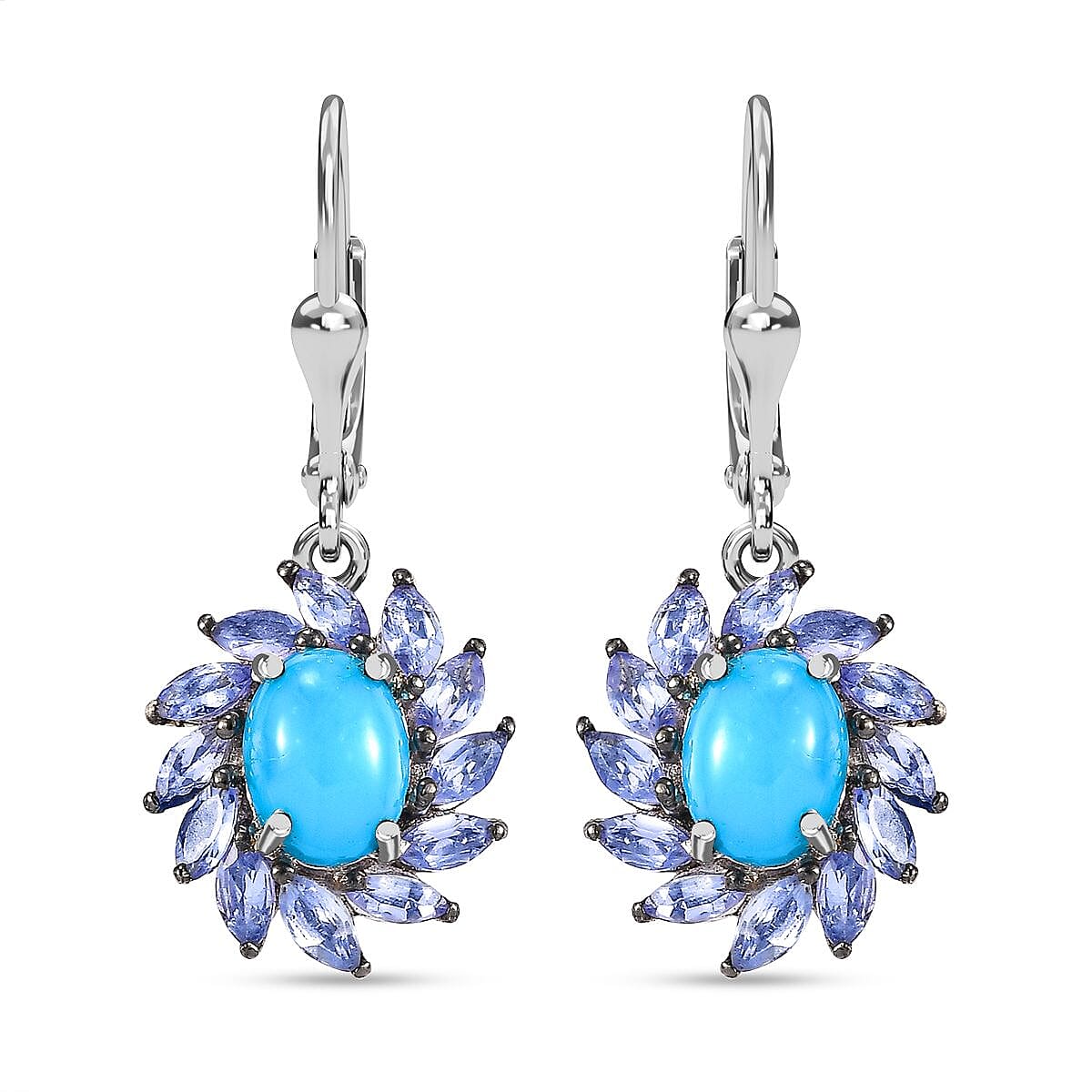 D'Joy Sleeping Beauty Turquoise and Tanzanite 4.20 ctw Lever Back Earrings in Rhodium Over Sterling Silver