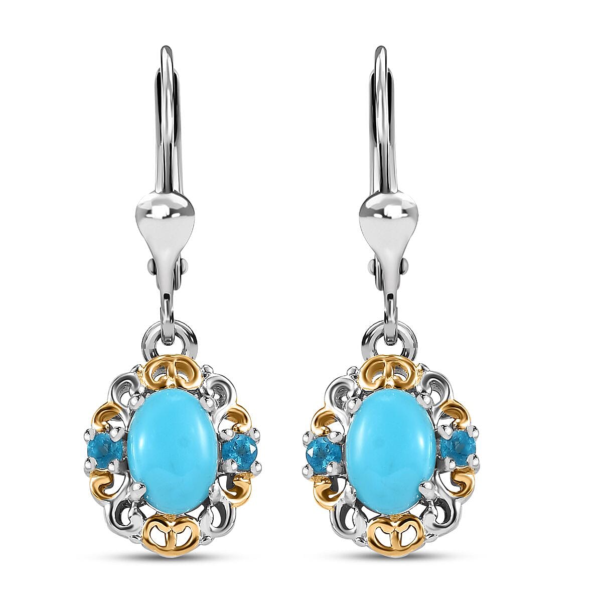 D'Joy Sleeping Beauty Turquoise, Malgache Neon Apatite 1.70 ctw Lever Back Earrings in Vermeil YG and Rhodium Over Sterling Silver