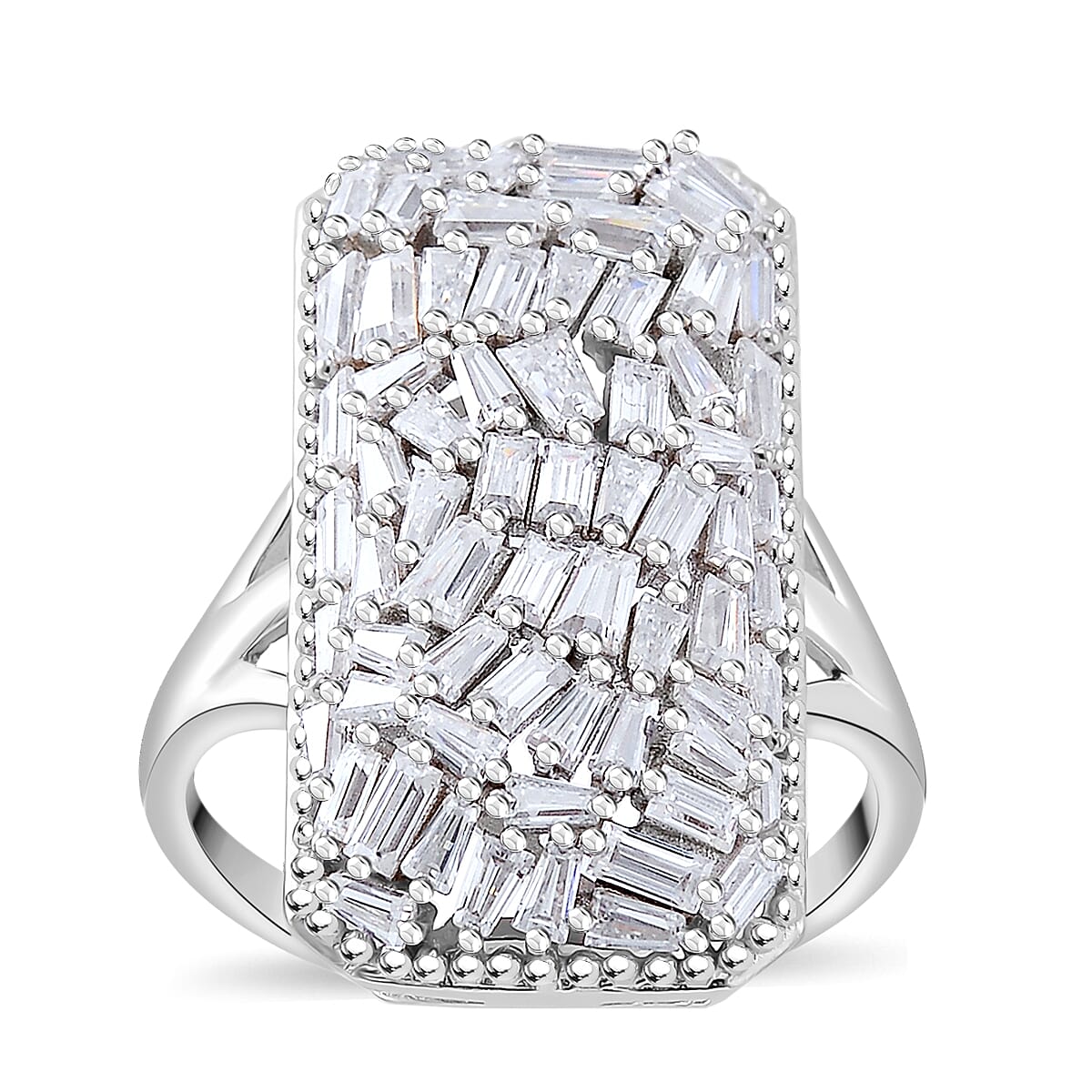 Doorbuster Moissanite Baguette Shape Ring in Rhodium Over Sterling Silver (Size 10.0) 2.50 ctw