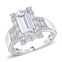TLV Moissanite (Bgt 12x6mm) Ring in Rhodium Over Sterling Silver (Size 10.0) 4.00 ctw