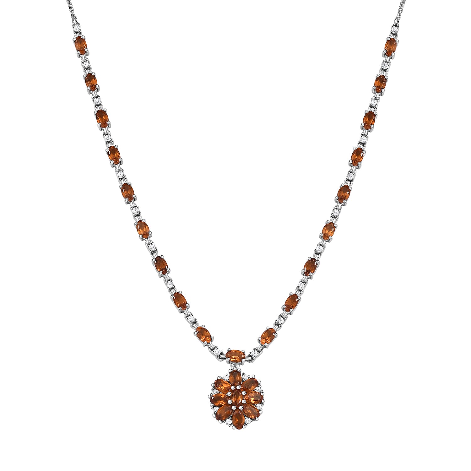 D'Joy Ceylon Honey Garnet, White Zircon Necklace in Rhodium Over Sterling Silver 8.90 ctw (18 Inches)