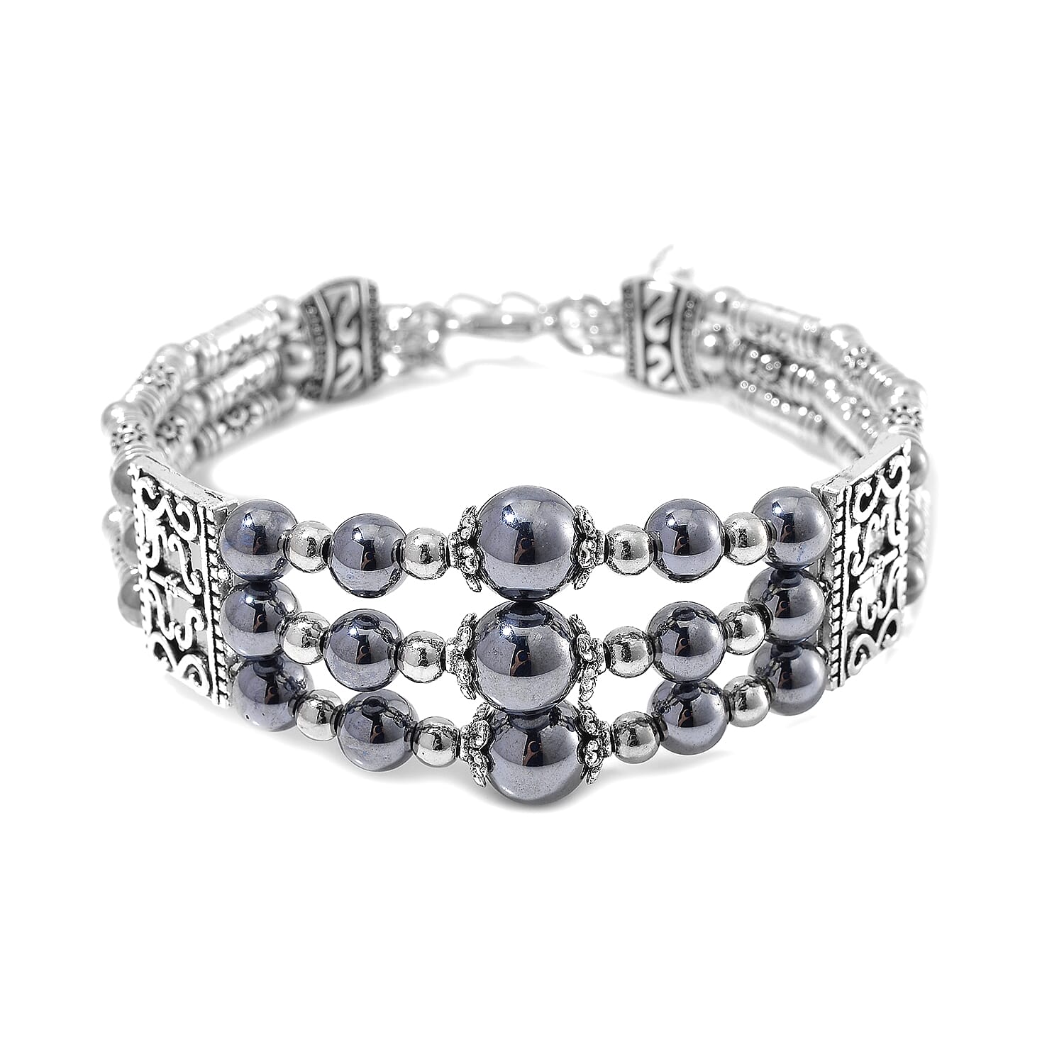 Terahertz 50.00 ctw Beaded Bangle Bracelet in Silvertone (7.0-9.0In)
