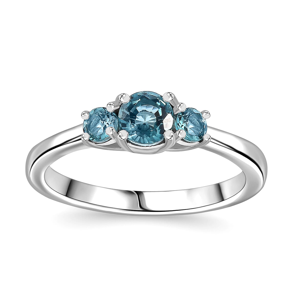 Premium Pirineu Lagoon Tourmaline 3 Stone Ring in Rhodium Over Sterling Silver (Size 6.0) 0.65 ctw