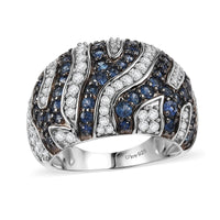 Ceylon Blue Sapphire, Moissanite River Flow Ring in Rhodium Over Sterling Silver (Size 10.0) 2.50 ctw
