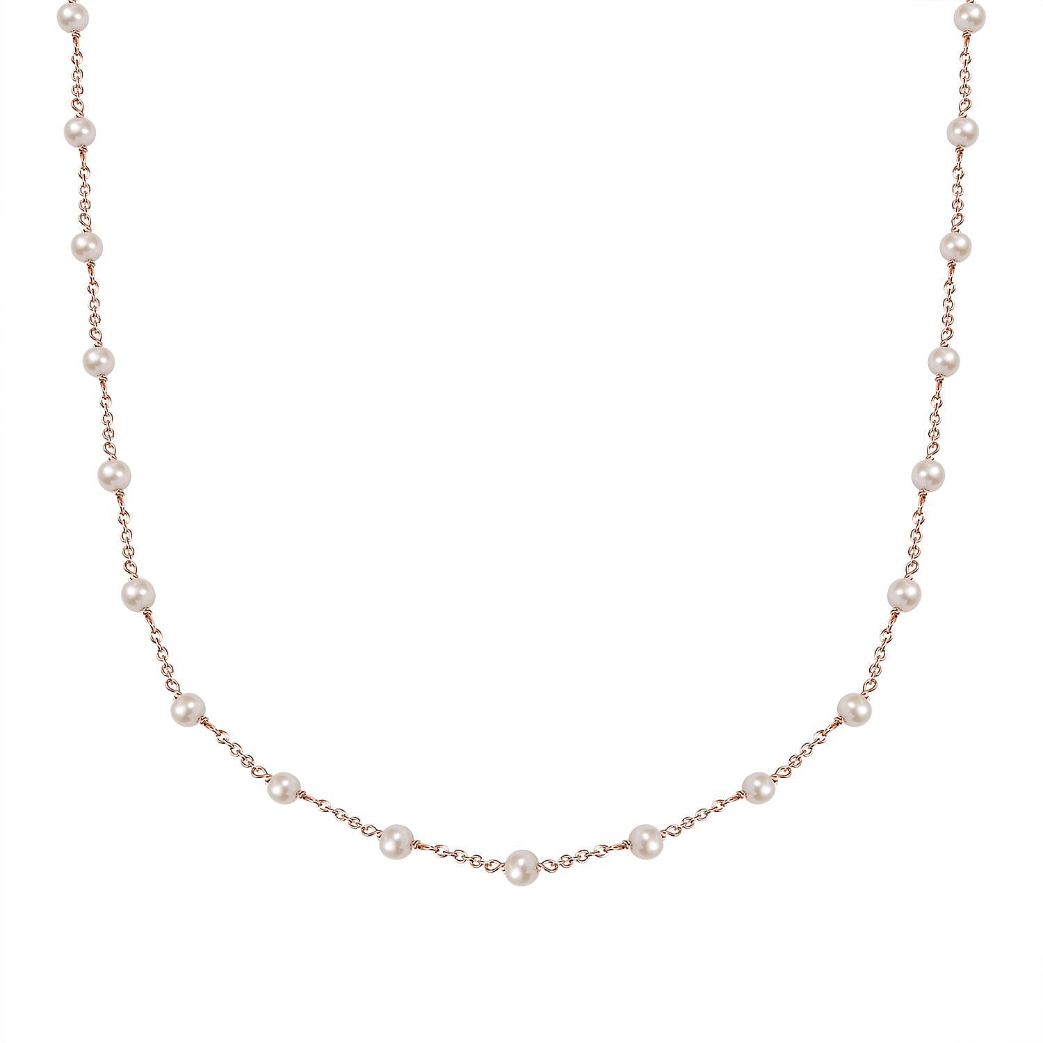 Premium White Freshwater Pearl Station Necklace (24 Inches) in ION Plated RG Stainless Steel
