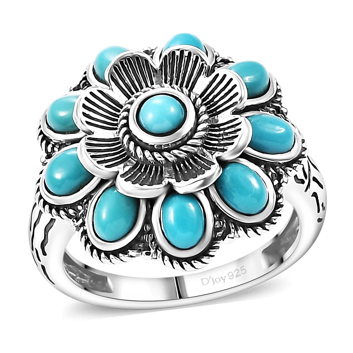 Sleeping Beauty Turquoise Floral Ring in Black Oxidized Sterling Silver (Size 10.0) 1.50 ctw