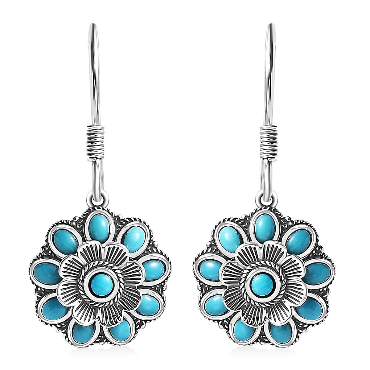 D'Joy Artisan Crafted Sleeping Beauty Turquoise 1.65 ctw Floral Earrings in Black Oxidized Sterling Silver