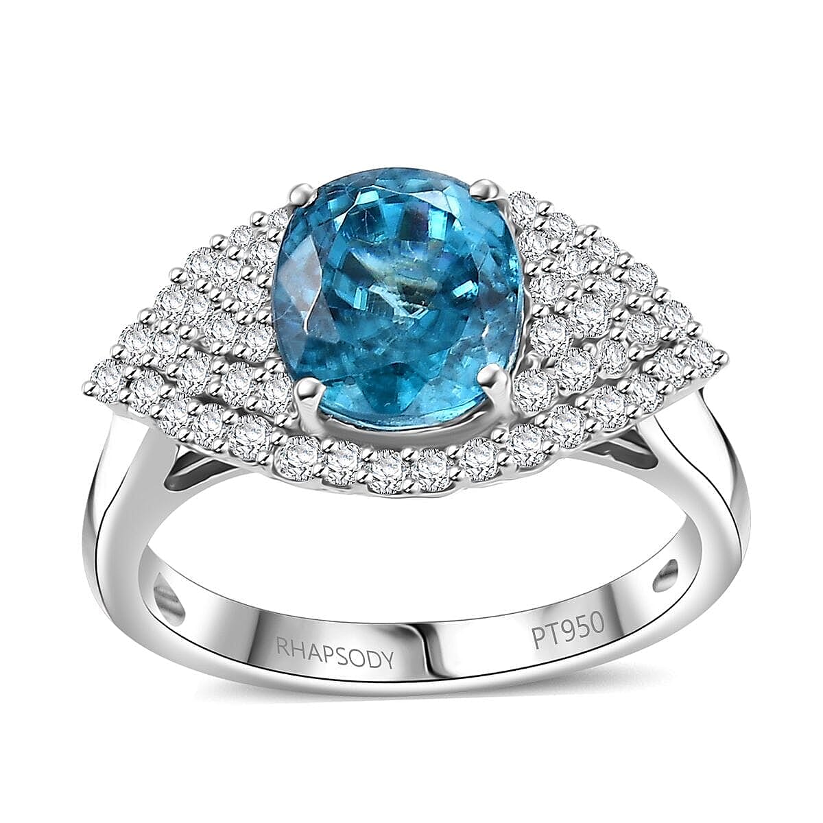 Doorbuster Rhapsody 950 Platinum AAAA Ratanakiri Blue Zircon, Diamond (E-F, VS) (0.51 cts) Ring (Size 10.0) (6.80 g) (Del. in 7-10 Days) 4.75 ctw