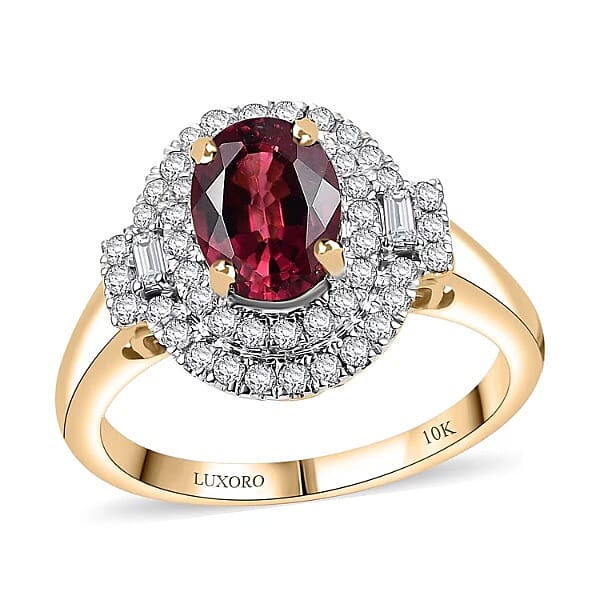 Doorbuster Certified & Appraised Luxoro 10K Yellow Gold AAA Ouro Fino Rubellite, Diamond (G-H, I2) (0.42 Carat Double Halo Ring (Size 6.0) (Del. in 7-10 Days) 1.74 Carat Total Weight