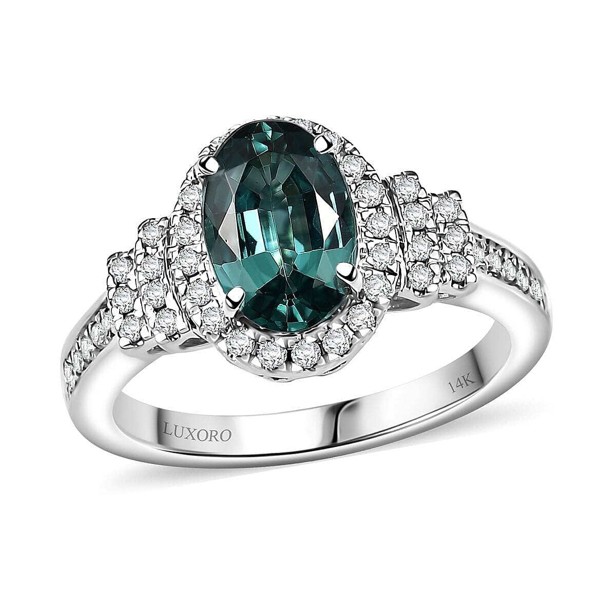 Certified & Appraised Luxoro 14K White Gold AAA Pirineu Lagoon Tourmaline, Diamond (I2) (0.37 cts) Ring (Size 6.0) 2.05 ctw